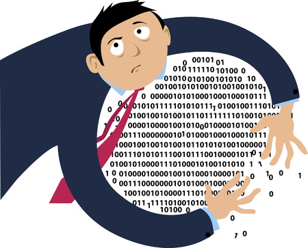 Information hoarder dragging computer code closer to him and guarding it, EPS 8 vector illustrationのイラスト素材