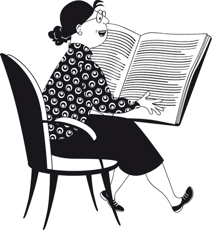 Mature woman, teacher or librarian, reading a big book, black vector EPS illustration, no white objectsのイラスト素材