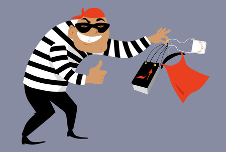 Criminal in a mask selling counterfeit goods, EPS 8 vector illustrationのイラスト素材