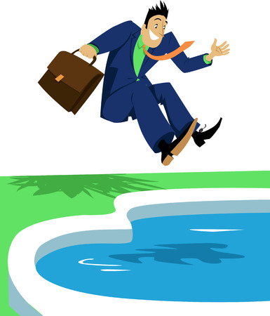 Excited m man in a business suit jumping in a pool, celebrating a beginning of the vacation, EPS 8 vector illustrationのイラスト素材
