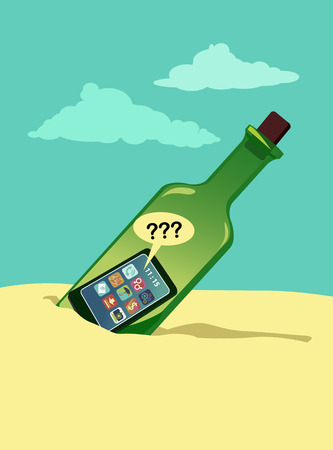 A smartphone recurring a message in a bottle washed from an ocean on the beach, EPS 8 vector illustrationのイラスト素材