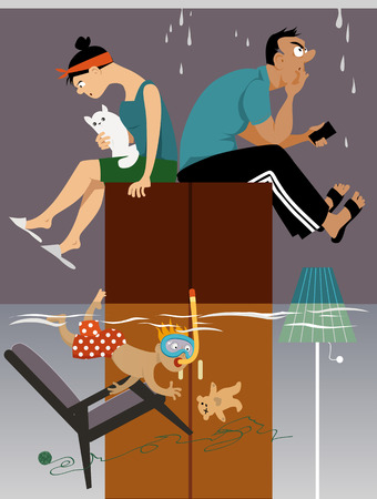 Flooded room in a house with leak in the roof, parents sitting on a closet, kid snorkeling, EPS 8 vector illustration, no transparenciesのイラスト素材