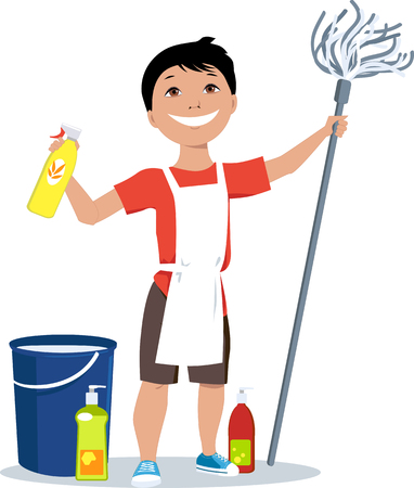Little boy with a mop and cleaning tools ready to do his chores, EPS 8 vector illustrationのイラスト素材