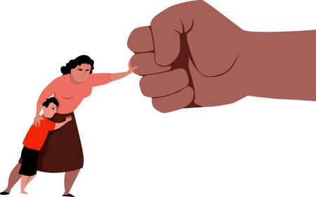 Woman fighting back a giant fist, protecting her child from abuse and domestic violence,  vector illustrationのイラスト素材