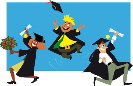 Three college graduates in graduation gowns and caps cheers to their achievement, EPS 8 vector illustrationのイラスト素材