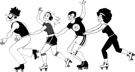 Group of young people dressed in 1970s fashion roller skating, EPS 8 vector line illustration, no white objectsのイラスト素材