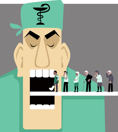 Line of patients moving inside a horrible mechanical doctor mouth, EPS 8 vector illustrationのイラスト素材