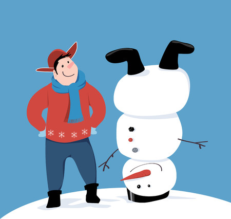 Man building a snowman upside down, EPS 8 vector illustrationのイラスト素材
