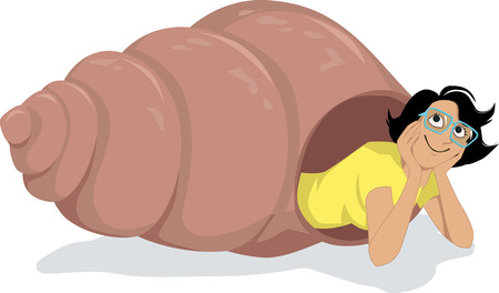Introvert woman in glasses peaking out of a hermit crab shell, EPS 8 vector illustrationのイラスト素材