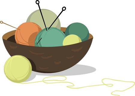 A bowl filled with yarn balls and knitting needles, isolated on white, EPS 8 vector illustrationのイラスト素材