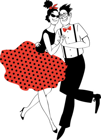 Cartoon couple in vintage clothing dancing rock-and-roll on a vinyl record, EPS 8 vector illustration, no white objects, red is on the separate layerのイラスト素材