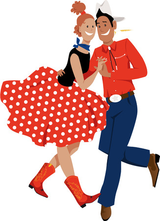 Cute cartoon couple dressed in traditional country western costumes dancing square dance or contradance, EPS 8 vector illustrationのイラスト素材