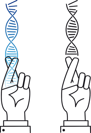 Scientist keeping fingers crossed as a metaphor for risks in gene therapy and genetic engineering, EPS 8 vector, color and black options are on a separate layersのイラスト素材