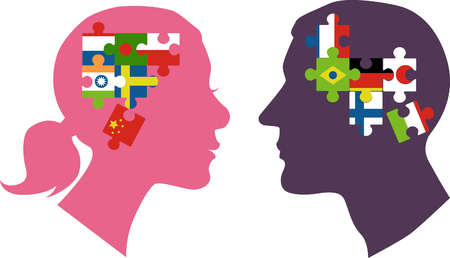 Male and female profiles filled with jigsaw puzzle pieces representing different countries as a metaphor for DNA ancestry research, EPS 8 vector illustrationのイラスト素材