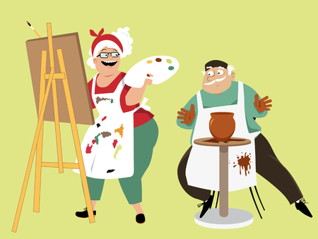 Art class for seniors: an elderly couple participating in painting and pottery activities, EPS 8 vector illustrationのイラスト素材