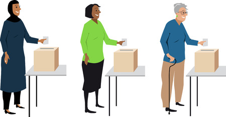 Diverse female voters putting ballot in a box, EPS 8 vector charactersのイラスト素材