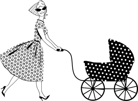 Vintage mother with a stroller, EPS 8 vector line illustration, no white objectsのイラスト素材