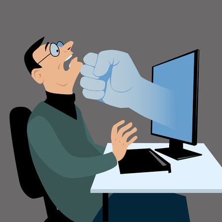 Giant fist coming out of a computer screen and striking a man as a metaphor for negative comment, EPS 8 vector illustration