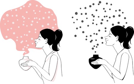 Woman using an aromatherapy diffuser, surrounded by an essential oil fragrance, EPS 8 vector illustrationのイラスト素材