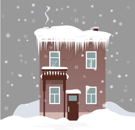 House in winter under snow with heavy ice dam on the roof, EPS 8 vector illustrationのイラスト素材