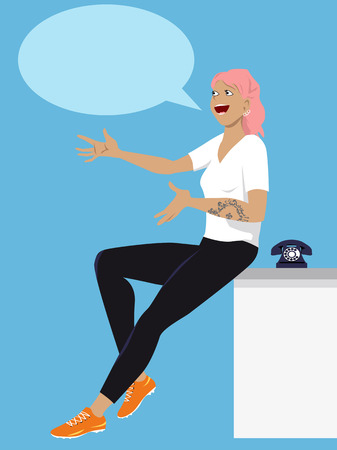 Young modern woman with pink hair and tattoo giving a talk, EPS 8 vector illustrationのイラスト素材