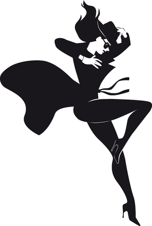 Mystery woman character jumping down, EPS 8 vector black silhouette, no white objectsのイラスト素材