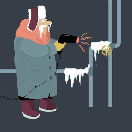 Senior man attempting to thaw frozen pipes with a blow dryer, EPS 8 vector illustrationのイラスト素材