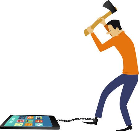 Breaking smartphone addiction. Man chopping off a smartphone chained to his leg, EPS 8 vector illustrationのイラスト素材