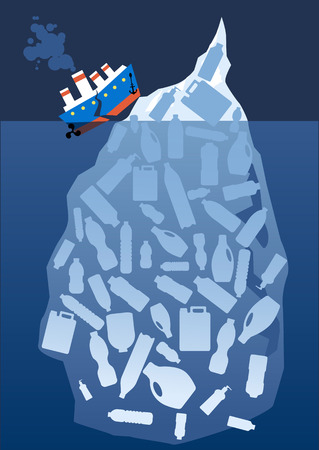 Ship struck a plastic filled iceberg and breaking apart, EPS 8 vector illustration on plastic pollution in ocean, EPS 8のイラスト素材