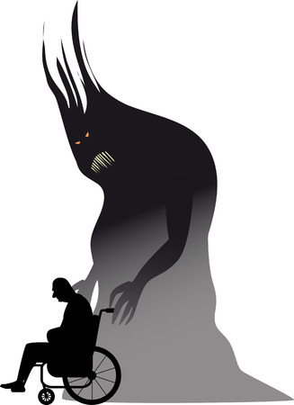 Senior person in a wheelchair with a monster representing depression, EPS 8 vector illustrationのイラスト素材
