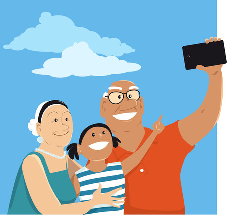 Senior couple taking a selfie with their granddaughter, EPS 8 vector illustrationのイラスト素材