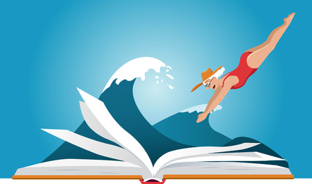 Mature woman in red bathing suit diving into a book, sea wave behind it, EPS 8 vector illustrationのイラスト素材