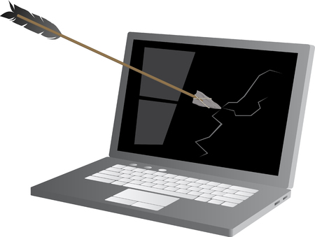 An arrow with a stone arrowhead strikes a laptop computer screen as a metaphor for anti-technology movement, EPS 8 vector illustrationのイラスト素材