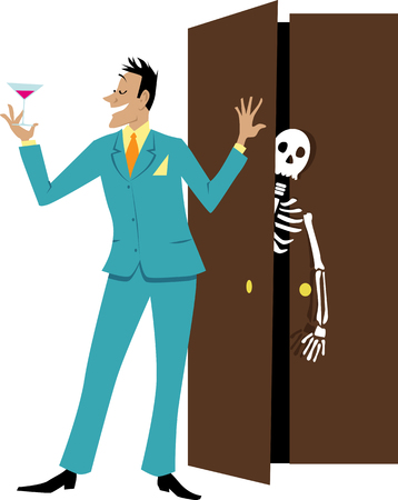 Smiling stylish man holding a cocktail and shutting a door of a closet with a skeleton inside , EPS 8 vector illustrationのイラスト素材