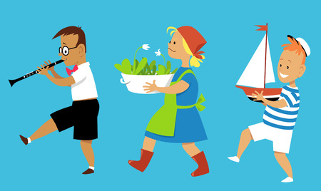 Little cartoon kids participating in summer camp activitiesのイラスト素材