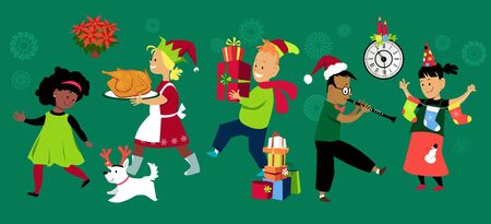 Diverse group of children celebrate Christmas with turkey, gifts and musicのイラスト素材