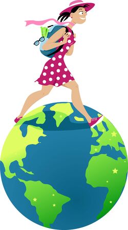 Young female traveler walking on the globeのイラスト素材