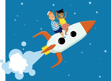 Little boy and girl riding a cartoon rocket ship to space, vector illustrationのイラスト素材