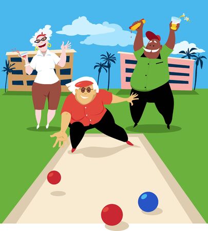 Group of active seniors playing bocce ball, vector illustrationの販売画像