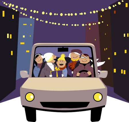 Family in a car driving down a city street during winter holiday season, EPS 8 vector illustrationのイラスト素材