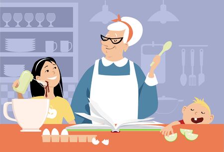 An elderly woman teaches her grandchildren to bake, Vector illustrationのイラスト素材