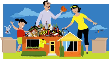 Family declutter their hoarded house, throwing away things, Vector illustrationのイラスト素材