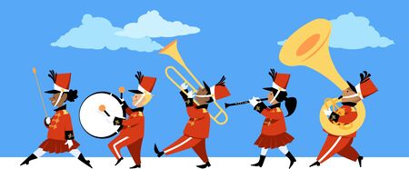 Cute children playing instruments in a marching band parade, Vector illustrationのイラスト素材