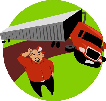 Upset commercial driver standing in front of a crashed semi-trailer truck, EPS 8 vector illustrationのイラスト素材
