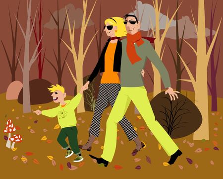 Modern couple walking with their son in the forest in fall, vector illustrationのイラスト素材
