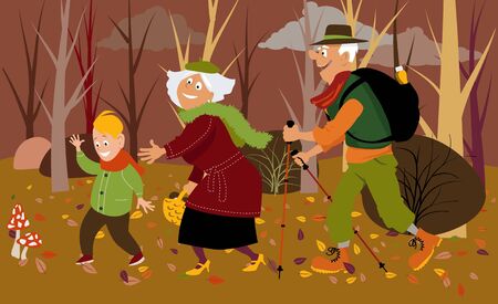 Senior couple with their grandson in the forest in fall mushroom picking, vector illustrationのイラスト素材