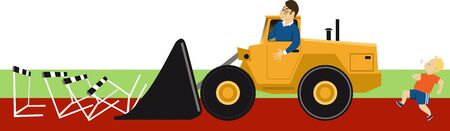 Bulldozer parent removing obstacles before his overprotected child, vector illustrationのイラスト素材