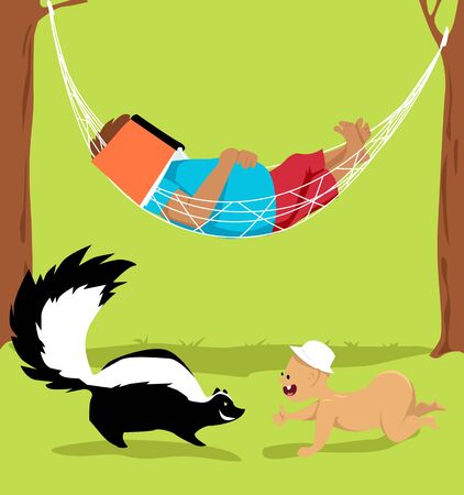 Man, practicing free-range parenting, sleeping in a hammock while his little child encounter a skunk, vector illustrationのイラスト素材