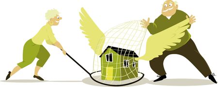 Senior couple caught a winged house in a butterfly net, vector illustrationのイラスト素材