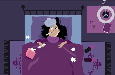 Sick woman laying in bed with a thermometer and tissues, having a fever, EPS 8 vector illustrationのイラスト素材